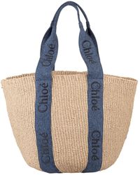 Chloé - Woody Large Basket Bag In Raffia With Chloé Denim Ribbons - Lyst