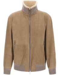 Brunello Cucinelli - Suede And Sherling Curly Bomber Jacket Puffer Jackets - Lyst
