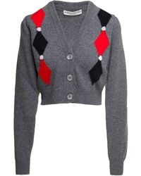 Alessandra Rich - Grey Cardigan With 'diamond' Motif And Embroidered Rose Detail In Wool Woman - Lyst