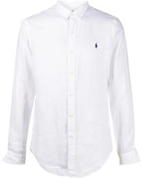 Ralph Lauren - Linen Shirt, Button-Down Pattern With Long Sleeves And Logo Embroidery On Chest - Lyst