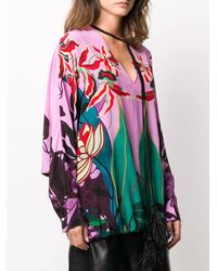 Valentino - Feather-Embellished Mirrored Orchid Ramage Blouse - Lyst