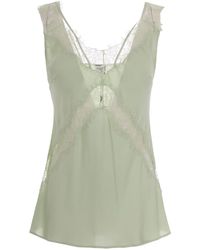 Pinko - Celadon Twill Viscose Top With Intricate Lace Inserts - Lyst