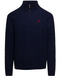 Polo Ralph Lauren - Blue Cable-knit Sweater With Zip And Pony Embroidery In Wool And Cashmere - Lyst