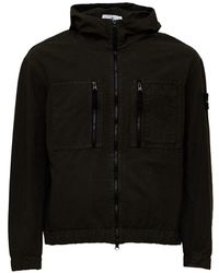 Stone Island - Charcoal-Colored Cotton Ripstop Hooded Jacket With Logo Badge On The Left Sleeve - Lyst