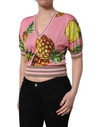 Dolce & Gabbana - Pink Pineapple Vneck Short Sleeve Cropped Top - Lyst