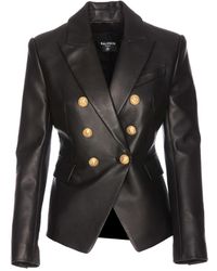 Balmain - Double-breasted Leather Blazer Blazer And Suits - Lyst