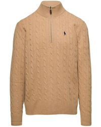 Polo Ralph Lauren - Beige Cable Knit Sweater With Zip And Pony Embroidery In Wool And Cashmere Man - Lyst