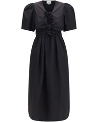 Ganni - Midi Dress With Bows And Puff Shoulders Cotton; Elastane - Lyst