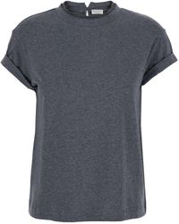 Brunello Cucinelli - Crewneck T-Shirt With Monil Detail On The Collar And Rear Cut-Out - Lyst