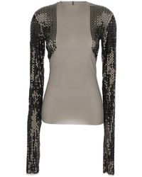 Rick Owens - 'Dennis' Cropped T-Shirt With Long Sequin Sleeves - Lyst