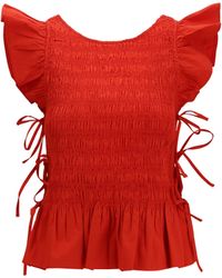 Ganni - Ruched Cotton Top With Side Bows Cotton; Elastane - Lyst