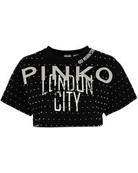 Pinko - Cropped T-Shirt With Logo And Studs - Lyst