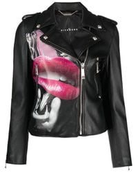 John Richmond - 100% Leather Jacket With Heat Pressed Print. Decentralised Fastener By Contrasting Zip - Lyst