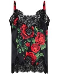 Dolce & Gabbana - Dolce & Gabbana Rose-Print Silk Satin Top With Lace - Lyst