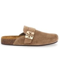 Tory Burch - Suede Mellow Slip-On Mule With Metal Logo Buckle For Bovine Flat Shoes - Lyst