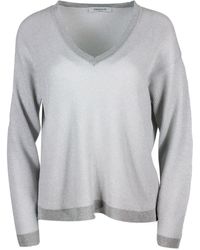 Fabiana Filippi - V-Neck Cotton Blend Sweater Embellished With Lurex Rows With Contrasting Color Edges - Lyst