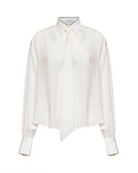 Brunello Cucinelli - Natural Crêpe De Chine Shirt With Tie And Shiny Collar - Lyst