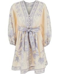Zimmermann - Indra Plunge Mini Dress With V-Neck And Long Sleeves Multicolored Linen For - Lyst