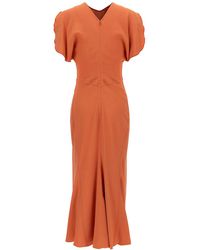 Victoria Beckham - Midi Orange Dress With Gathered Waist In Viscose Blend Woman - Lyst