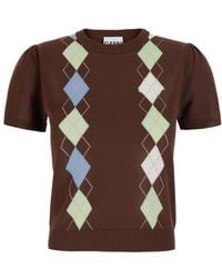 Ganni - Short-Sleeved Argyle Sweater — Cotton Tops - Lyst