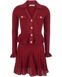 Self-Portrait - Bordeaux Flared Mini Dress With Spread Collar And V Neck - Lyst