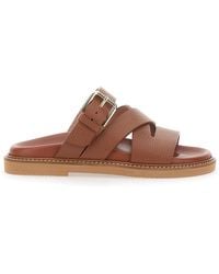 Pollini - Leather Open Toe Sandals With Buckle Closure For Calf Flat Shoes - Lyst