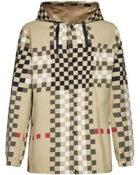 Burberry - Beige Hooded Jacket With Pixel Check Motif In Polyamide Man - Lyst