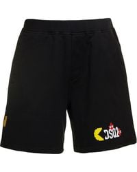 DSquared² - Black Shorts With Logo X Pacman Print In Cotton Man - Lyst