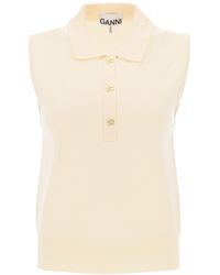 Ganni - Sleeveless Polo Shirt In Wool And Cashmere - Lyst