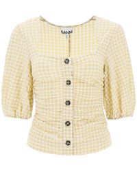 Ganni - Gathered Blouse With Gingham Motif - Lyst