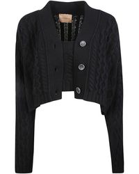 ANDAMANE Cropped Woven Buttoned Cardigan - Black