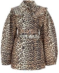 Ganni - Short Trench Coat Leopard Print Recycled Polyamide & Raincoats - Lyst