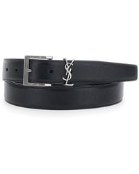 Saint Laurent - Belt With Cassandre Plate, Leather Calfskin - Lyst
