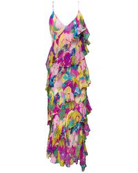 MSGM - Long Dress With Frills Embellishment And Floreal Print In Viscose - Lyst