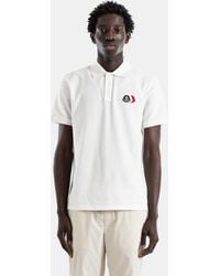 Moncler - Ivory Cotton Piqué Polo Shirt With Double Chest Tricolor Logo Patch T-Shirts And Polos - Lyst