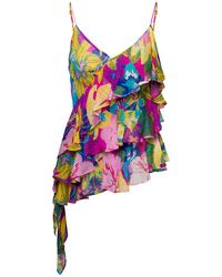 MSGM - Multicolor Asymmetric Ruffled Top With Graphic Print In Viscose Woman - Lyst