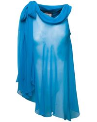 Alberta Ferretti - Light-blue Semi-sheer Asymmetric Top With Ruffle Detail In Silk Woman - Lyst