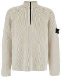 Stone Island - Sweater With Logo Patch On The Sleeve And Front Half Zip Closure - Lyst