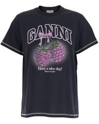 Ganni - Basic Cotton Jersey Raspberry Print Tshirts And Polo Shirts - Lyst