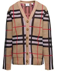 Burberry - 'hortence' Beige Long Sleeve Cardigan With Vintage Check Motif In Cotton Blend Woman - Lyst