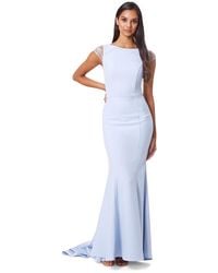 Jarlo - Masa Fishtail Maxi Dress With Lace Cap Sleeves And Embroidered Button Back - Lyst