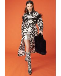 Jayley - Zebra Print Trench Coat Dress With Feather Trim And Embellished - Lyst