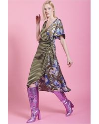 Jayley - Khaki Mixed Print Silk Blend Wrap Dress Size: M (Uk 12) - Lyst