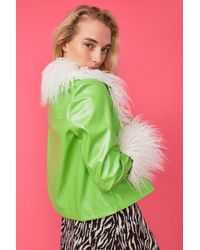 Jayley - Faux Leather Biker Jacket With Mongolian Fur Cuffs And Co - Lyst