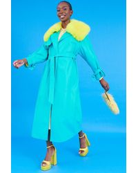 Jayley - Eco Leather Faux Fur Collar Trench Coat - Lyst