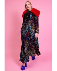 Jayley - Sequin Velvet Trench Coat With Faux Fur Collar Size - Lyst