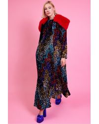 Jayley - Sequin Velvet Trench Coat With Faux Fur Collar Size - Lyst