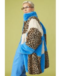 Jayley - Midi Checkered Leopard Print And Shearling Faux Fur Coat Size - Lyst