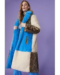 Jayley - Maxi Checkered Leopard Print And Shearling Faux Fur Coat Size - Lyst