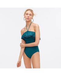 J.Crew Ruffle Bandeau One-piece Swimsuit In Piqué Nylon With Rickrack - Blue